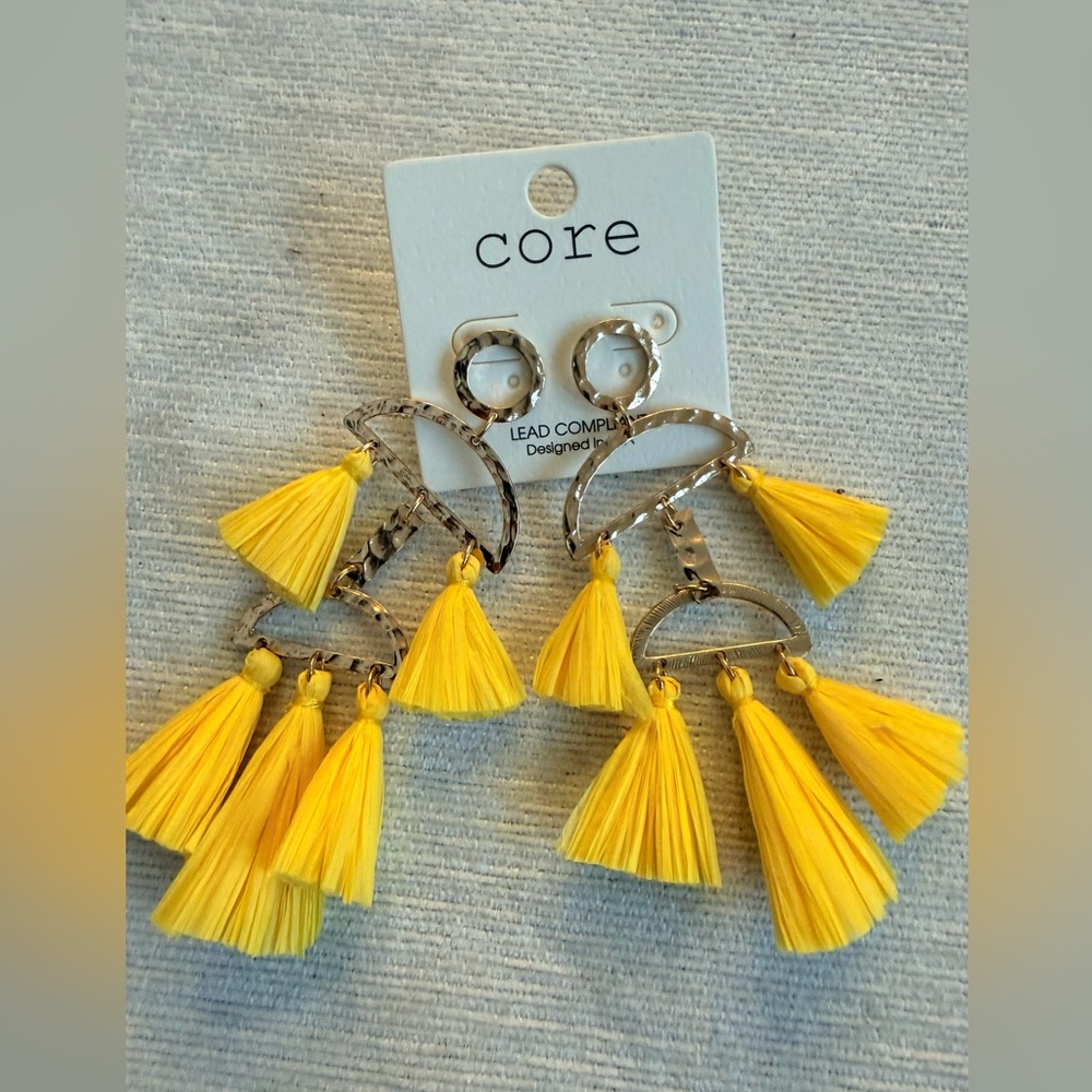 Core Hammered Gold & Yellow Raffia Tassel Chandelier Earrings